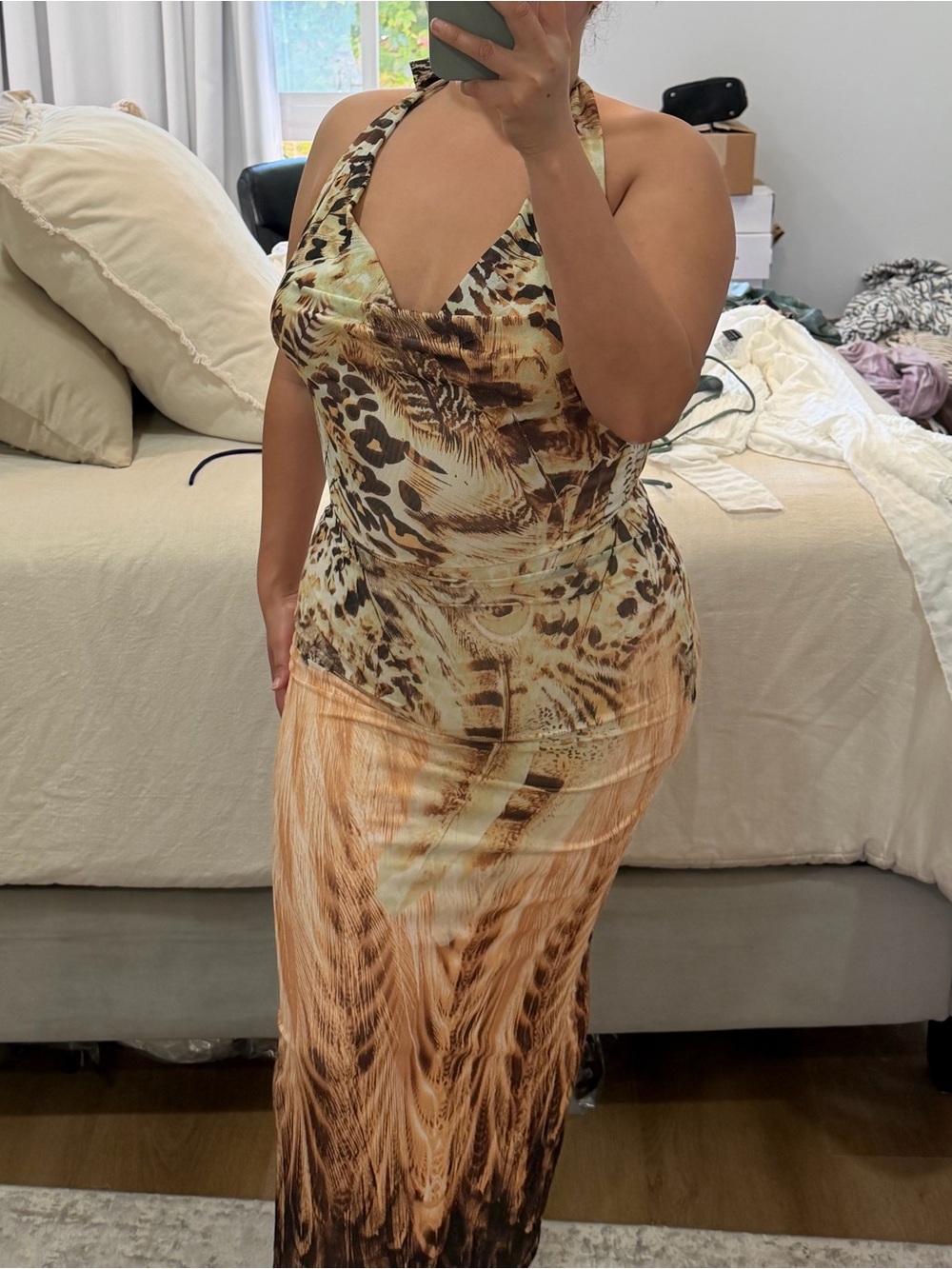 Animal Print Halter Maxi Dress in Brown and Tan